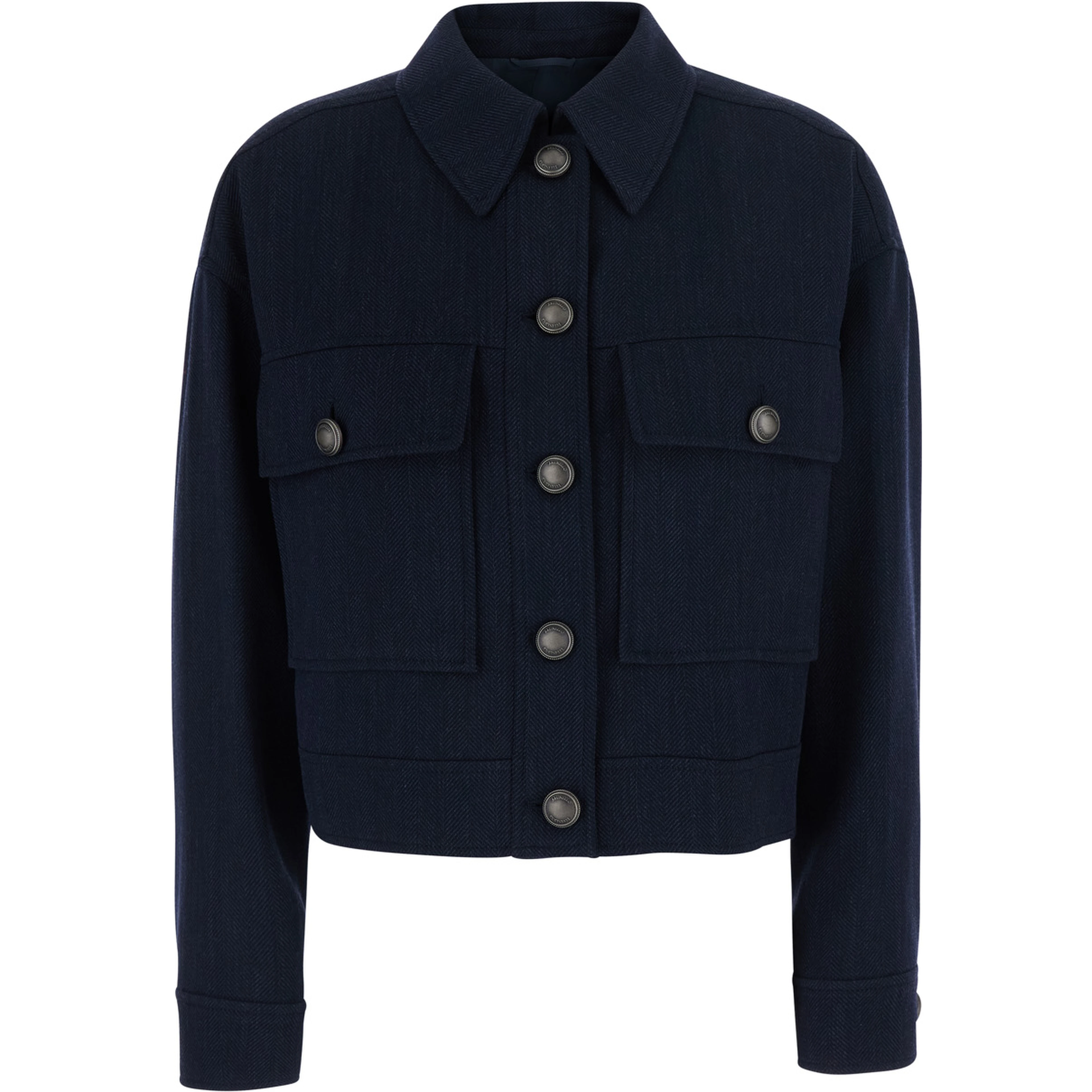 Blue Crop Jacket with Classic Collar and Monile Decoration in Wool for Women