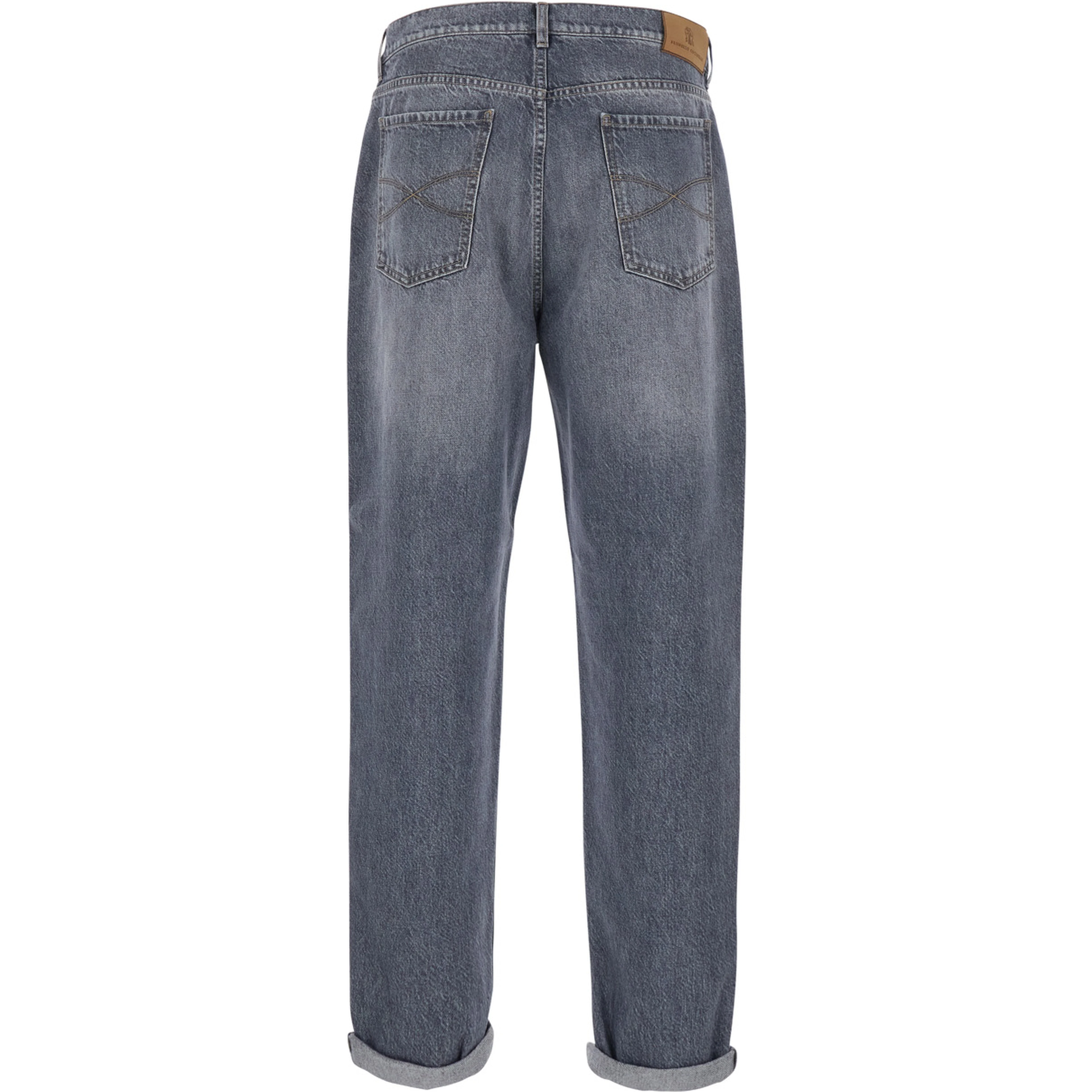 Grey jeans with cuffs and logo patch on the back in denim for men
