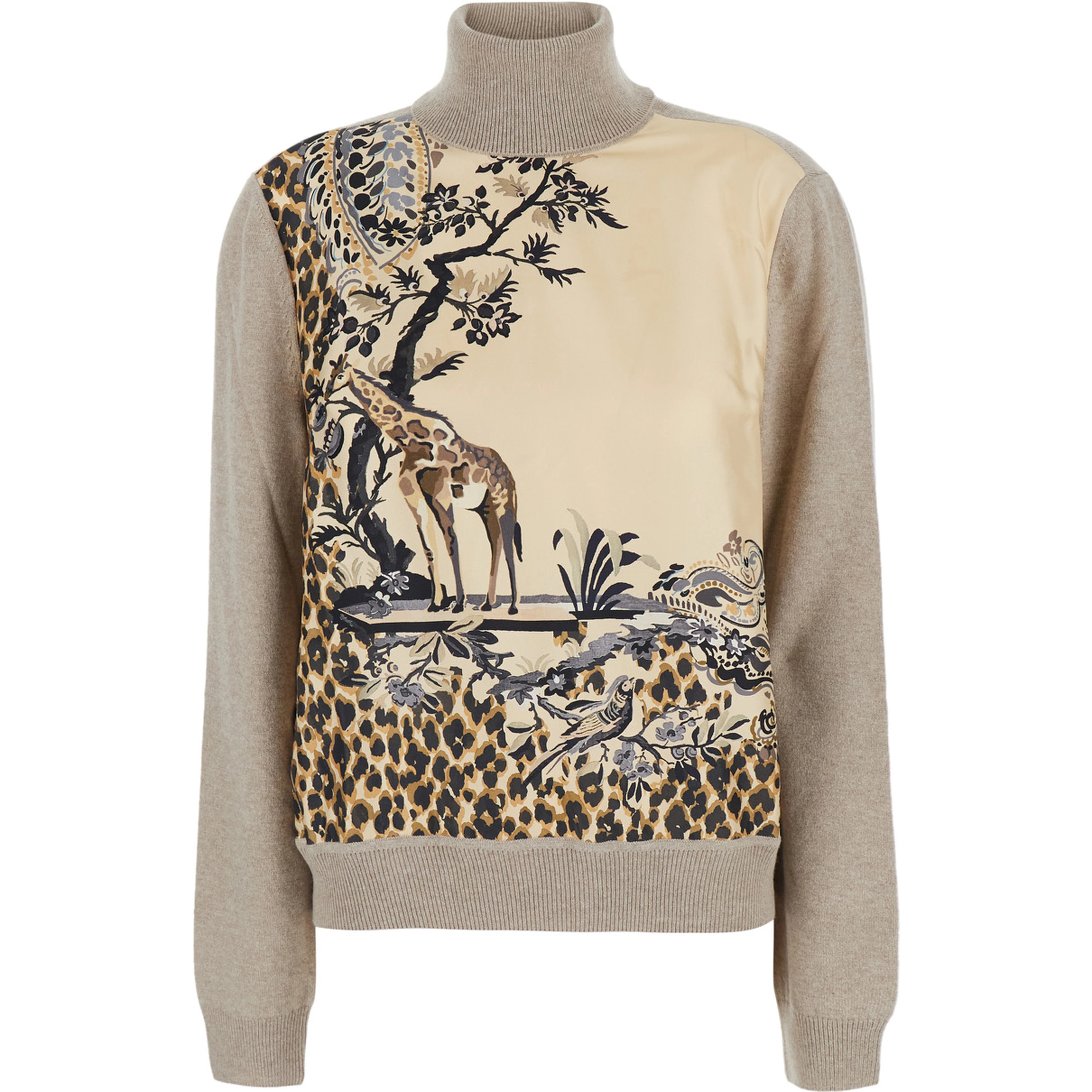 Beige high-neck sweater with front print in Blend wool for women