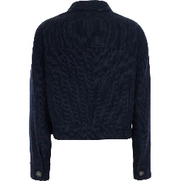 Blue Crop Jacket with Classic Collar and Monile Decoration in Wool for Women