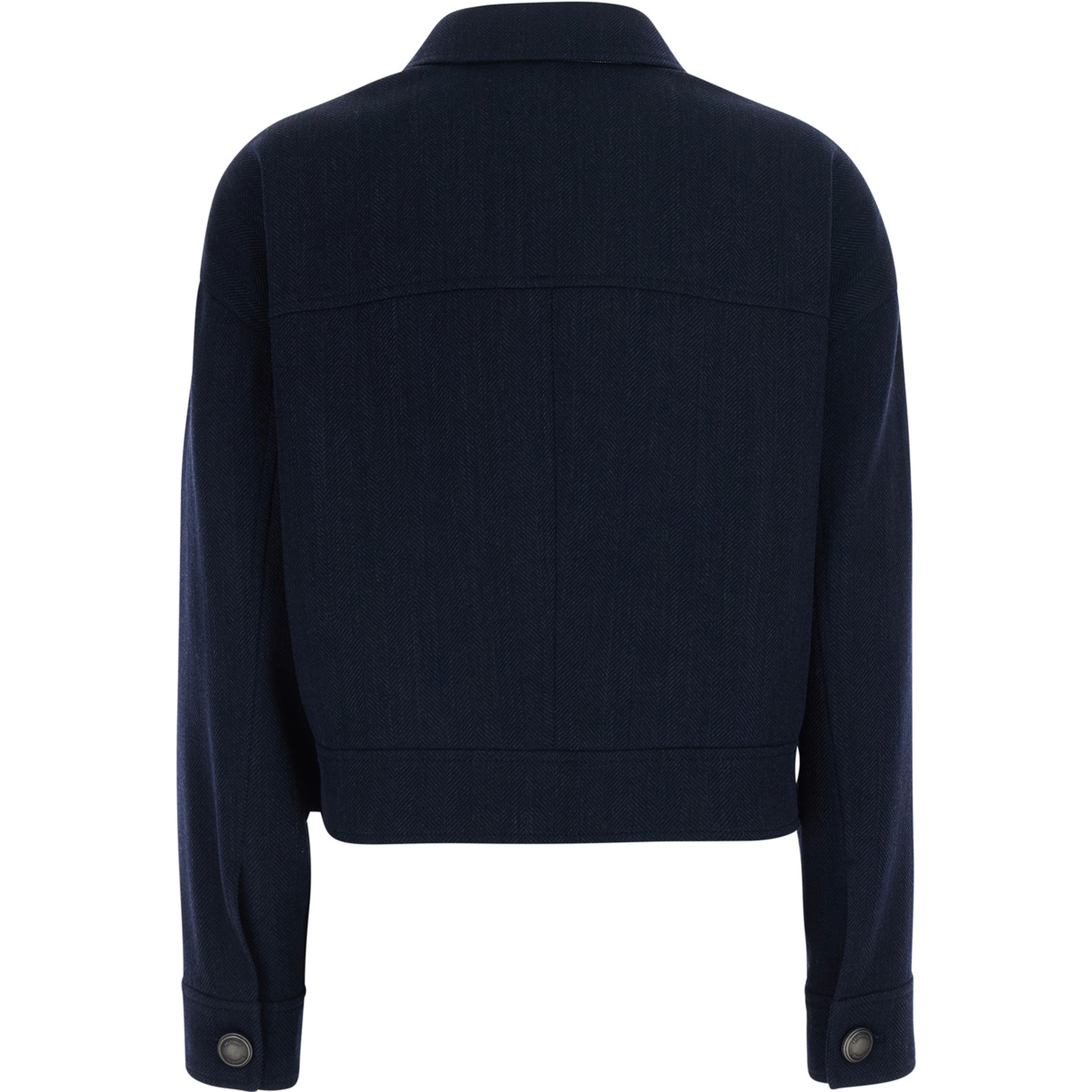 Blue Crop Jacket with Classic Collar and Monile Decoration in Wool for Women