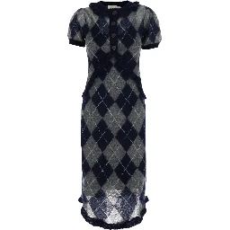 Blue short-sleeved dress with all-over diamond Motif in wool and mohair for women
