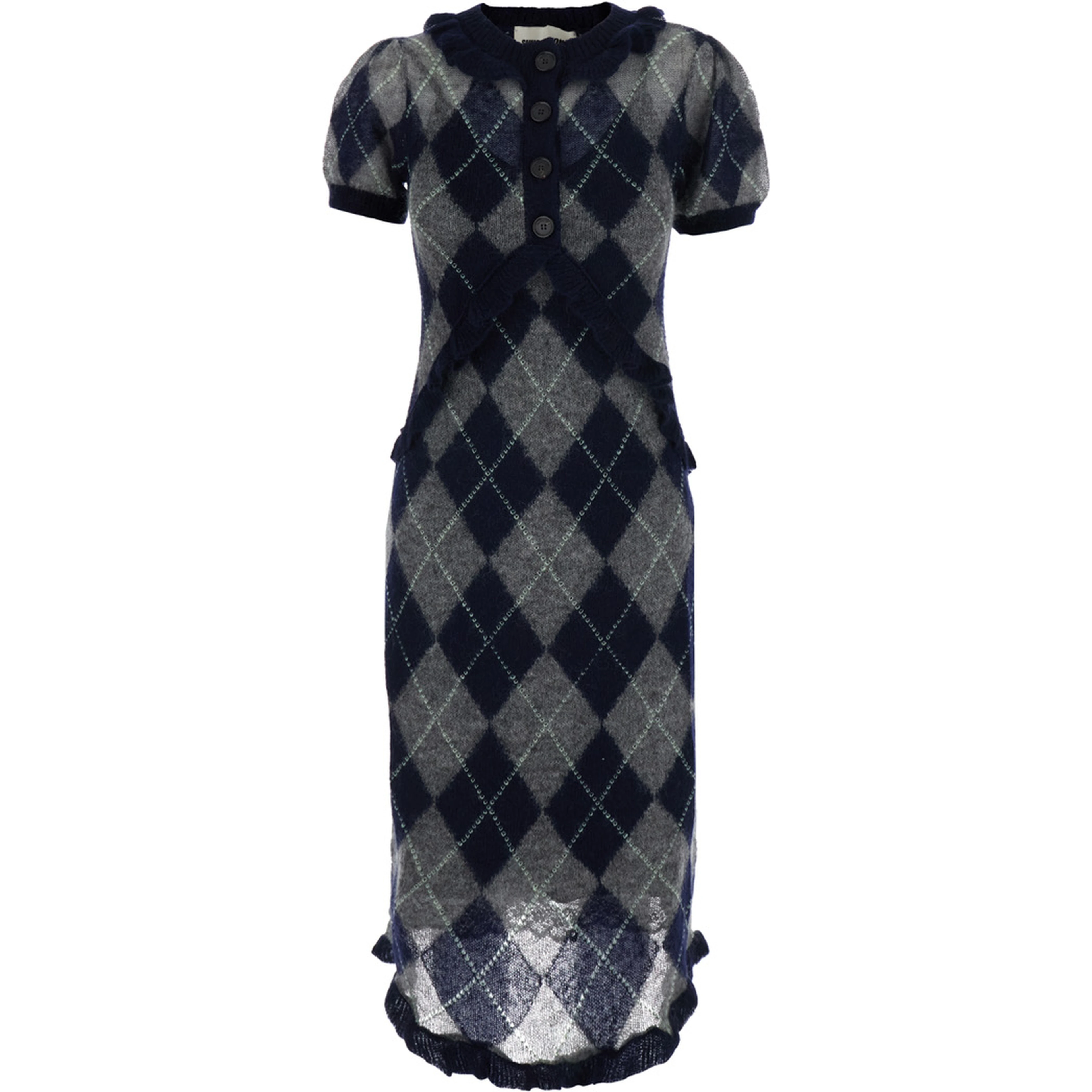 Blue short-sleeved dress with all-over diamond Motif in wool and mohair for women