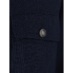 Blue Crop Jacket with Classic Collar and Monile Decoration in Wool for Women
