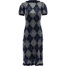 Blue short-sleeved dress with all-over diamond Motif in wool and mohair for women