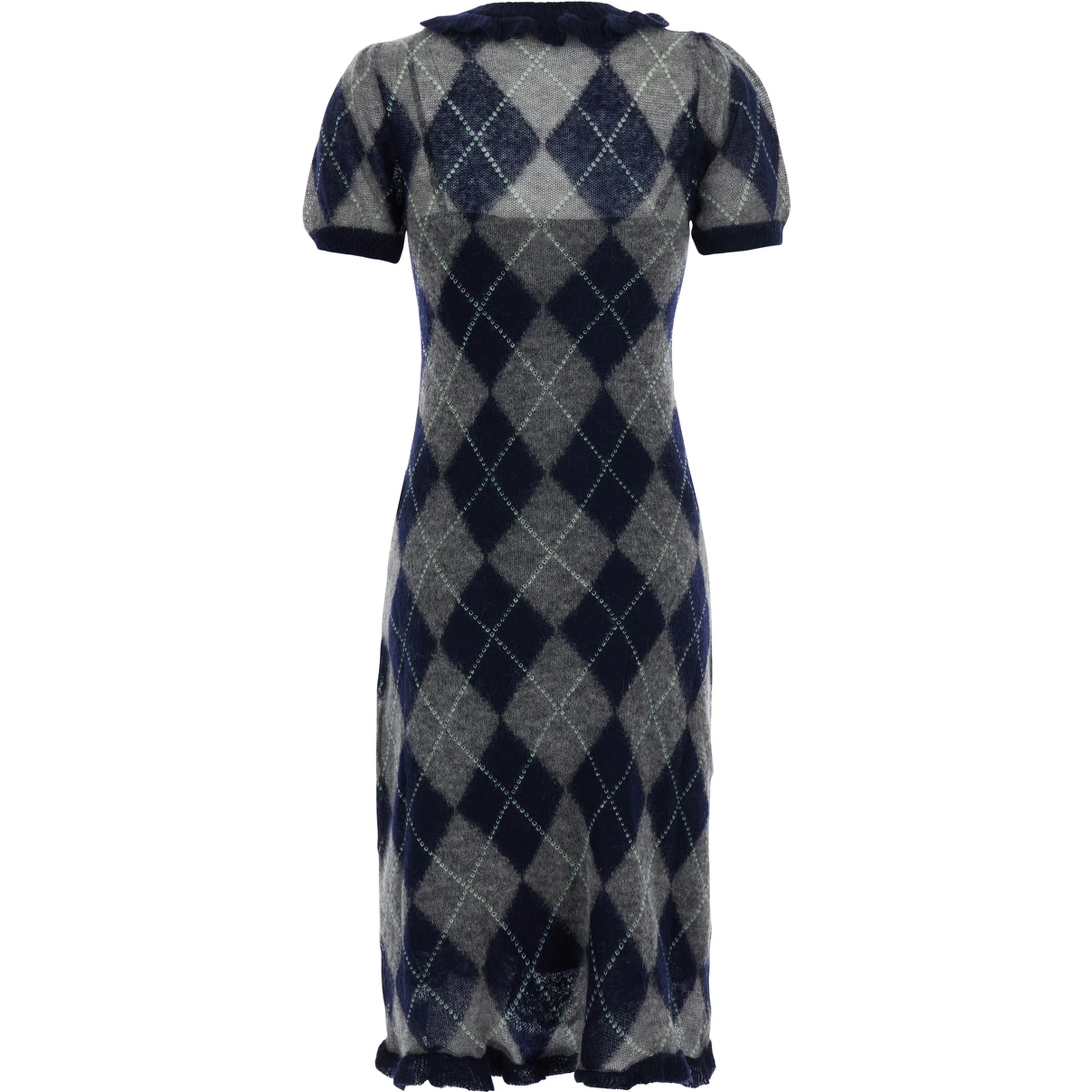 Blue short-sleeved dress with all-over diamond Motif in wool and mohair for women