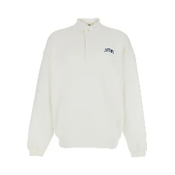 White Polo Collar Sweatshirt with Logo on Front in Cotton Man