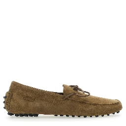 Driver Brown Loafers with Rounded Toe and Bow Detail in Suede for Men