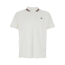 White Classic Collar Polo with Striped Detail and Orb Embroidery on the Front for Men