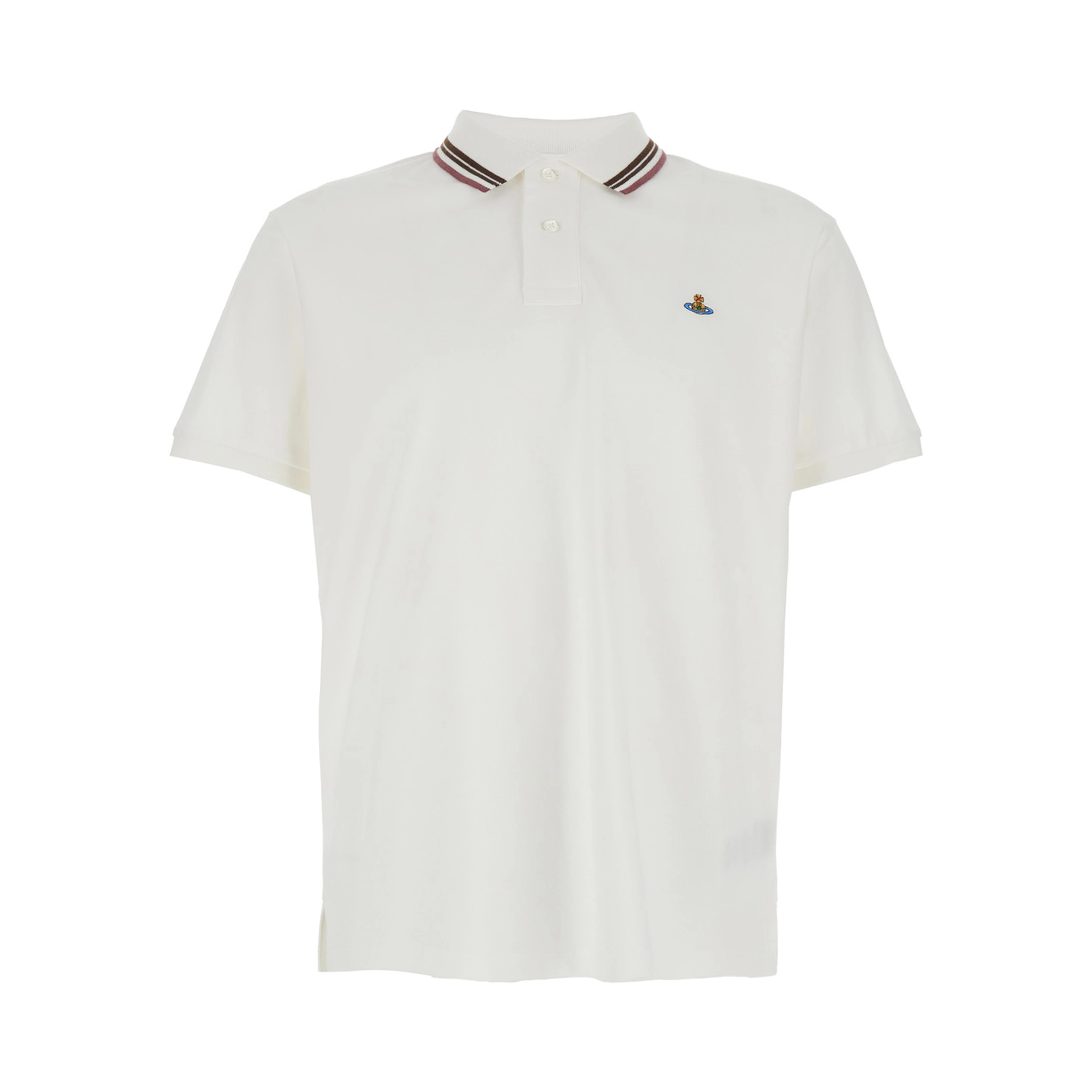 White Classic Collar Polo with Striped Detail and Orb Embroidery on the Front for Men