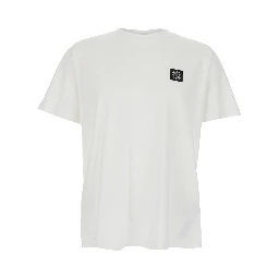 White Crew Neck T-Shirt with Logo Patch on Front In Cotton for Men