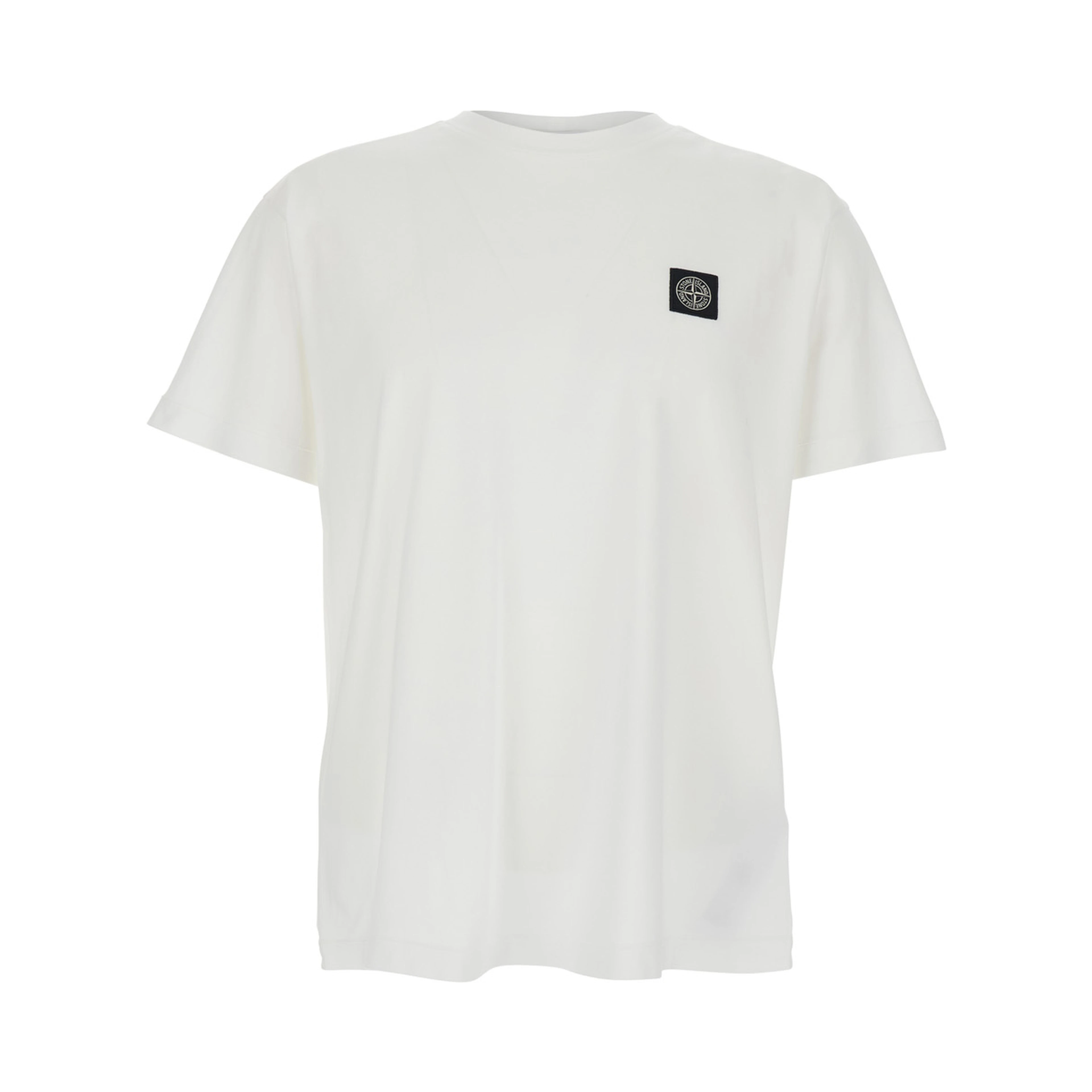 White Crew Neck T-Shirt with Logo Patch on Front In Cotton for Men