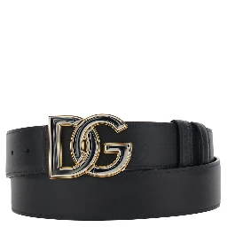 Black Belt with Logo Buckle in Leather for Men