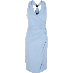 Light Blue Midi Dress with V-neck and Medusa Plaque on the Back in Viscose for Women