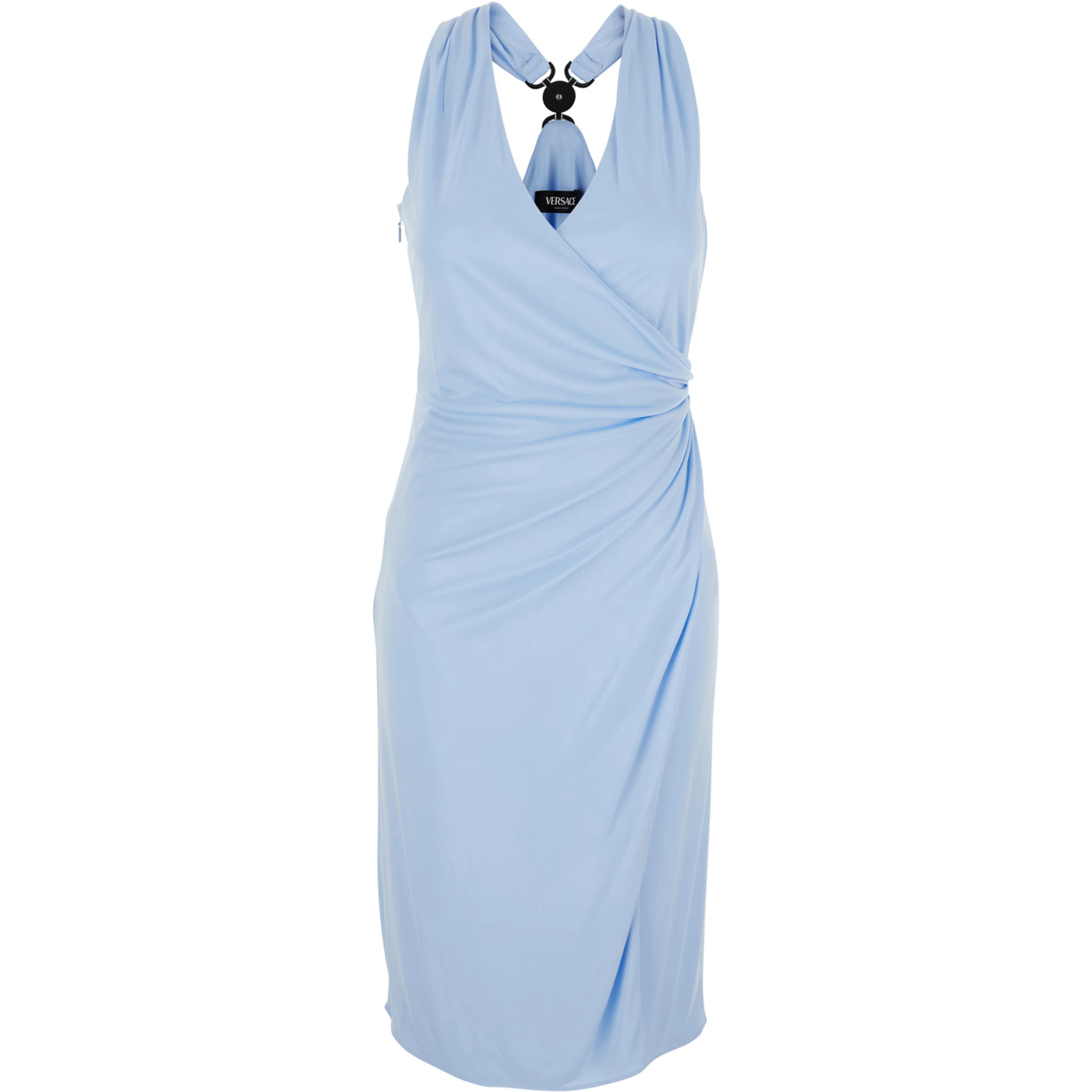 Light Blue Midi Dress with V-neck and Medusa Plaque on the Back in Viscose for Women