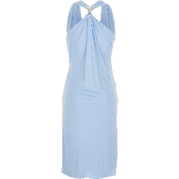 Light Blue Midi Dress with V-neck and Medusa Plaque on the Back in Viscose for Women