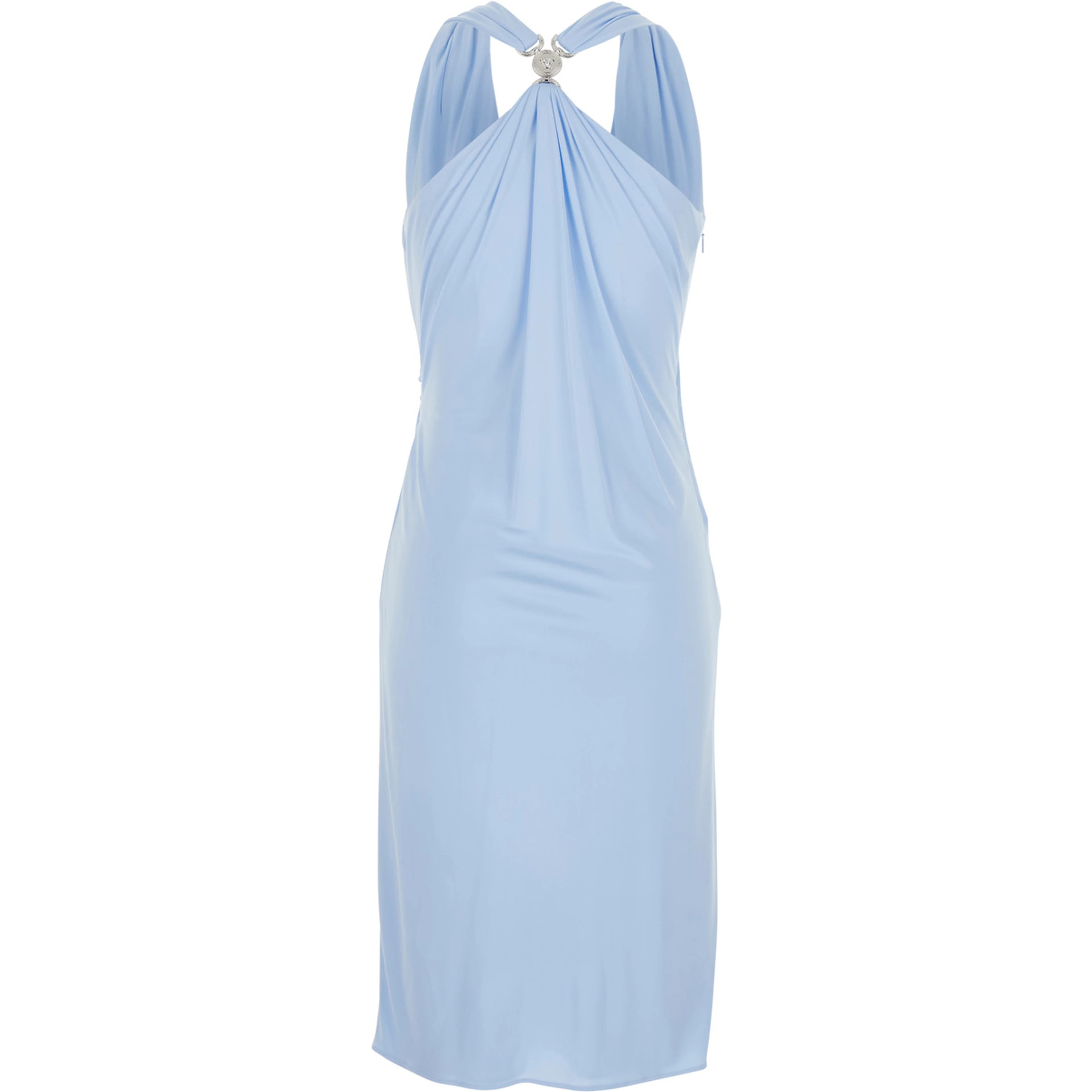 Light Blue Midi Dress with V-neck and Medusa Plaque on the Back in Viscose for Women