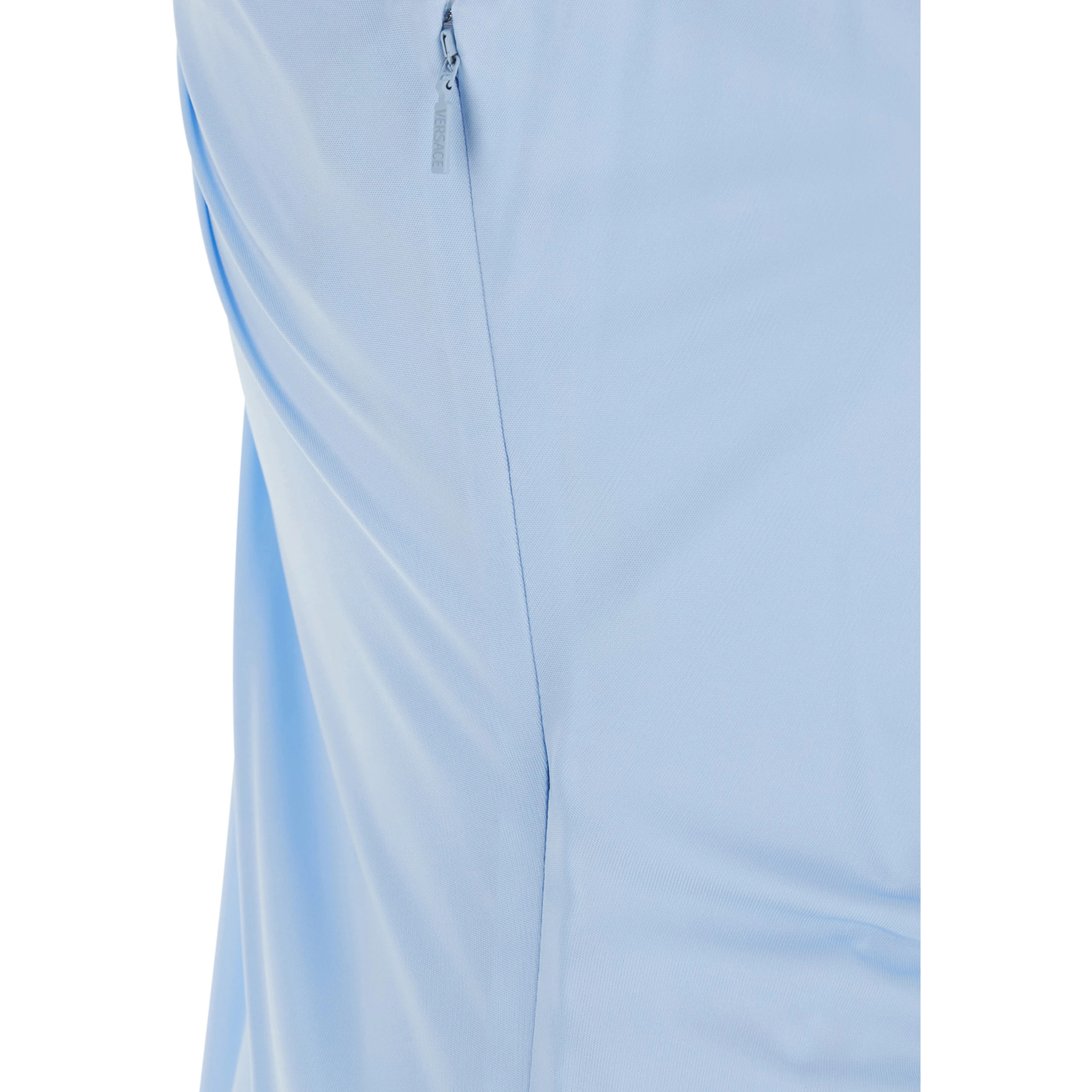 Light Blue Midi Dress with V-neck and Medusa Plaque on the Back in Viscose for Women