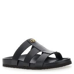 Sandals with Cage Design and VLogo Plaque on the Front in Black Leather Man