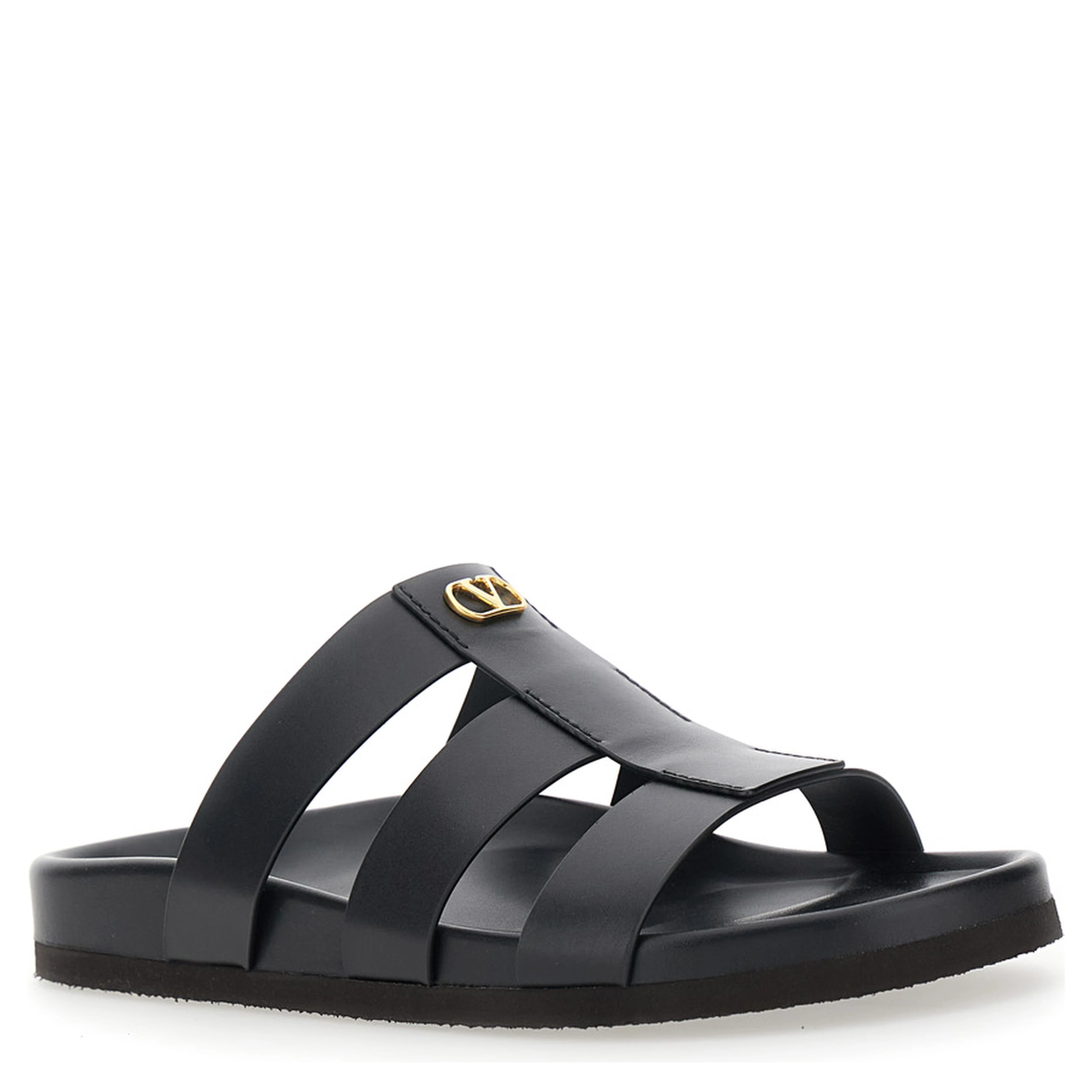 Sandals with Cage Design and VLogo Plaque on the Front in Black Leather Man