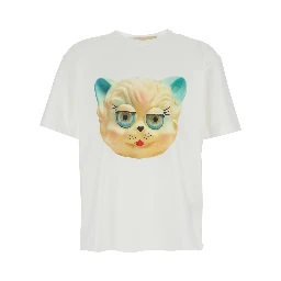 Crew Neck T-shirt with Print and Maxi Slogan on the Back in White Cotton for Men