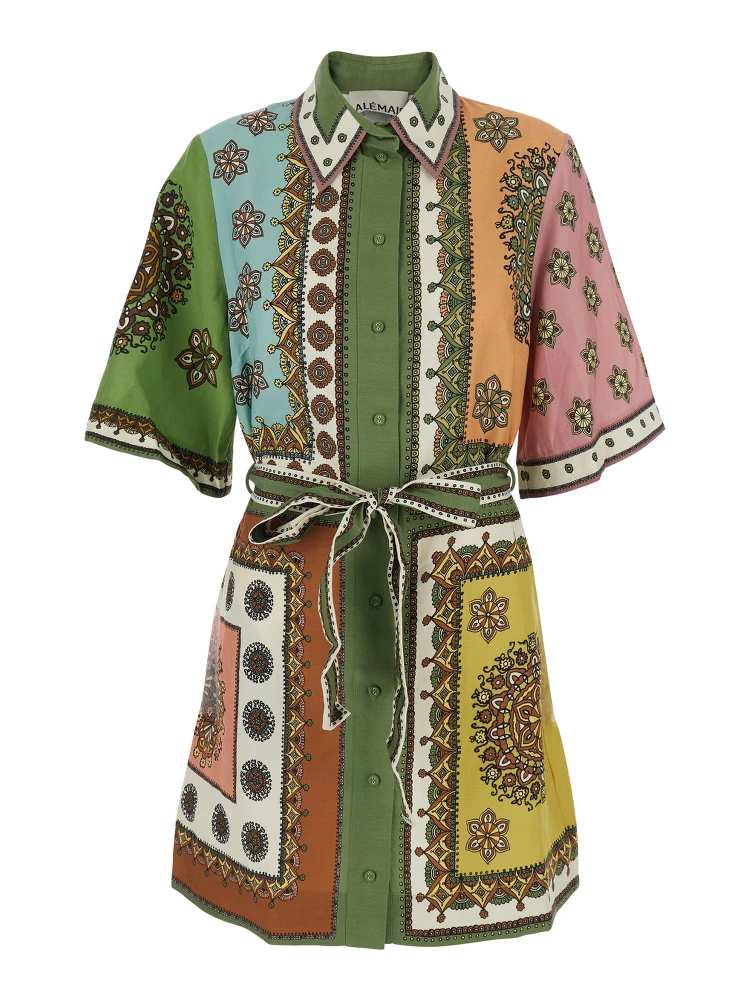 Contina Multicolor Mini Dress with Front Belt and All-Over Print in Viscose Blend for Women