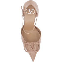 Beige Pumps with VLOGO Plaque on the Front in Glossy Leather Woman