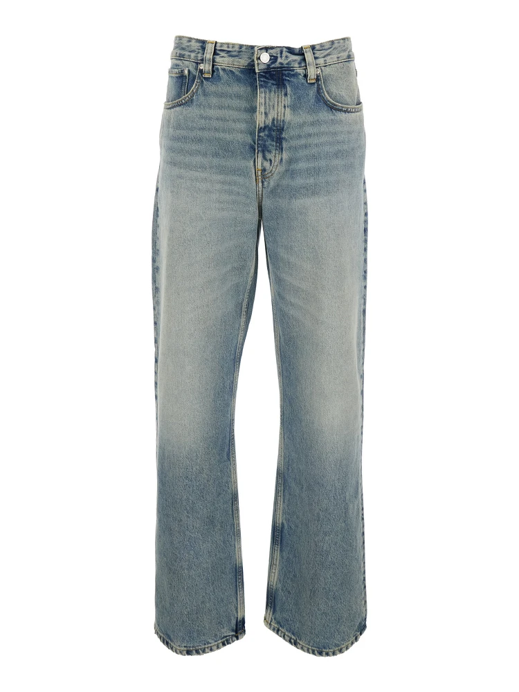 Five-pocket Jeans with Faded Effect in Blue Denim for Men