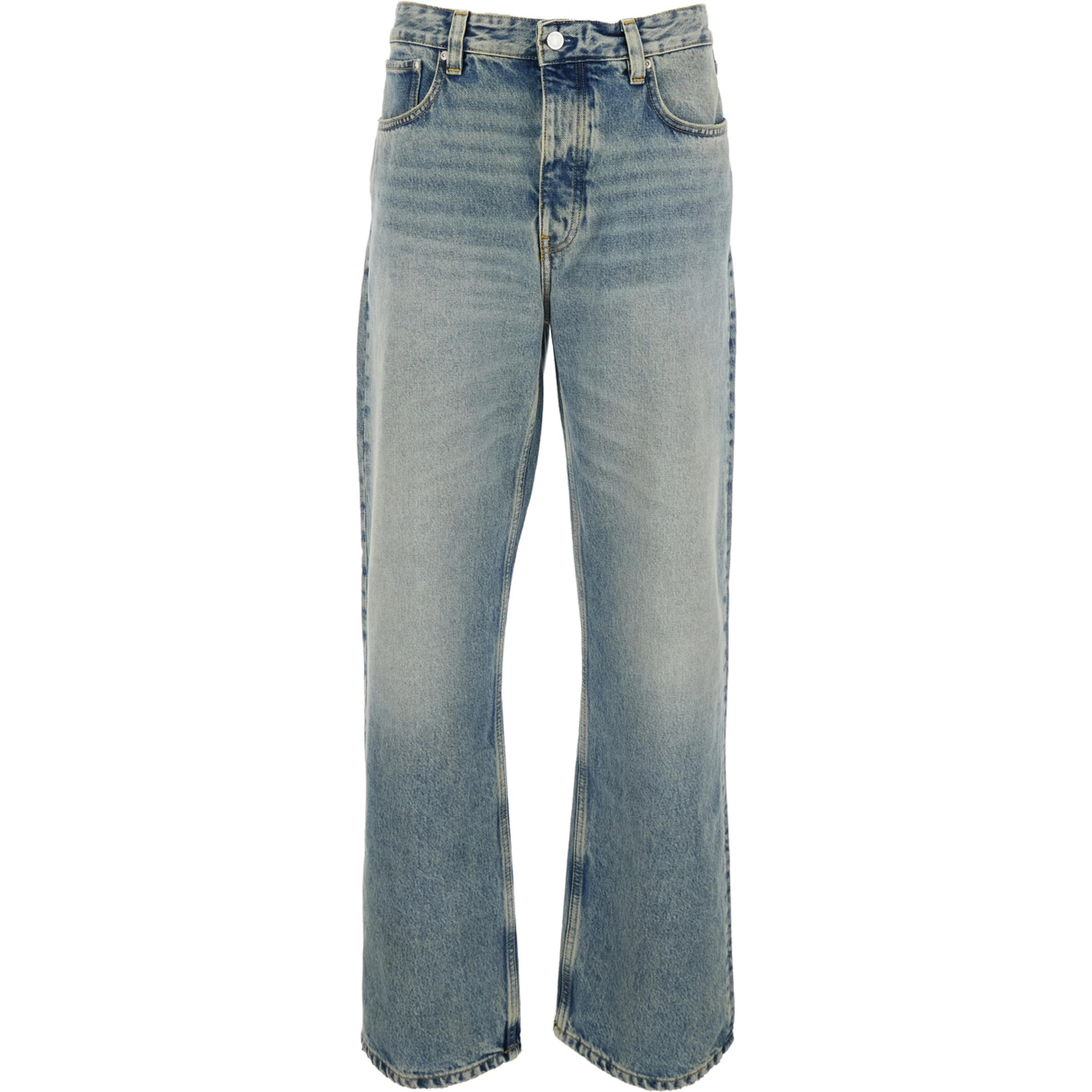 Five-pocket Jeans with Faded Effect in Blue Denim for Men
