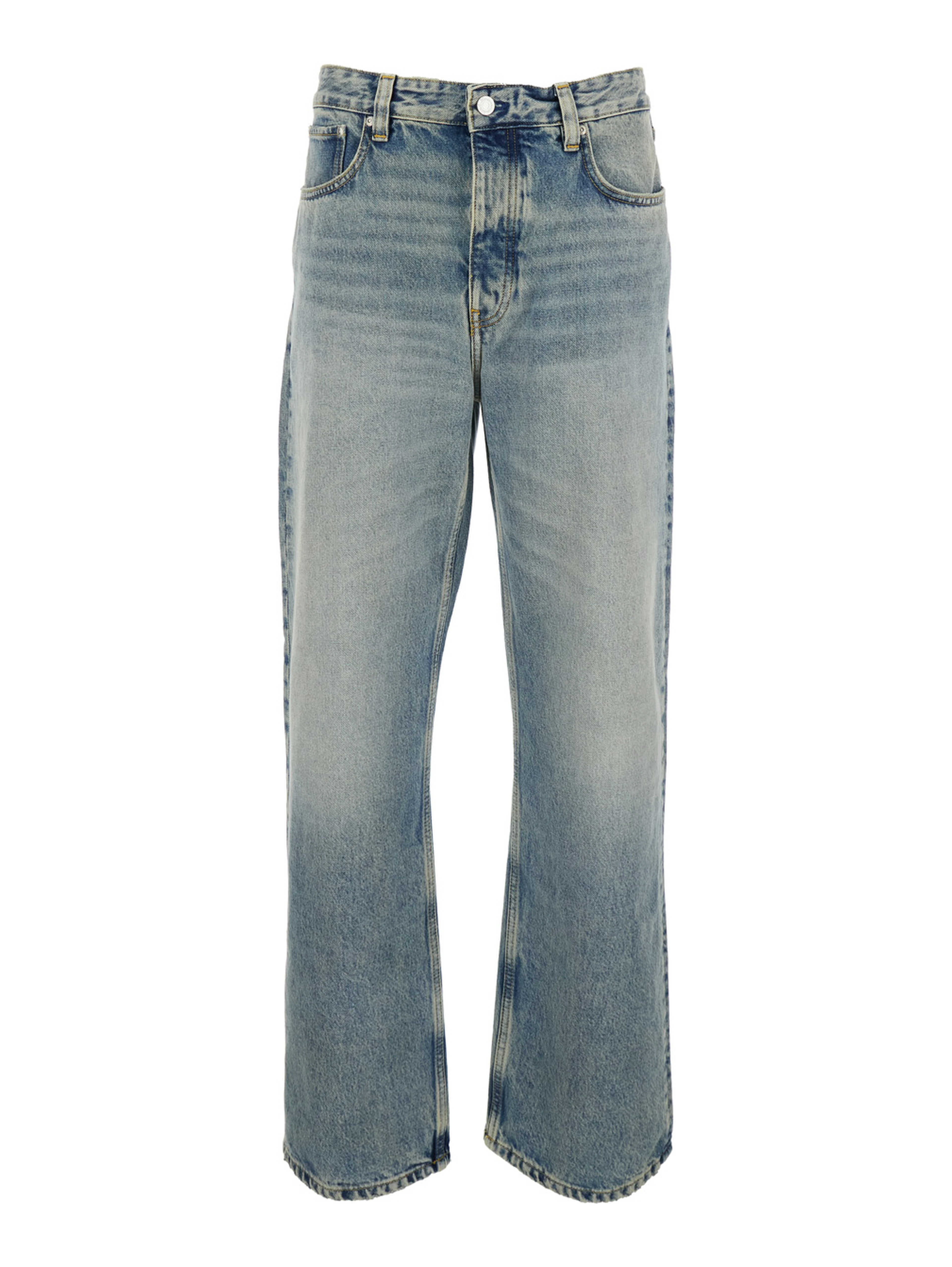 Five-pocket Jeans with Faded Effect in Blue Denim for Men