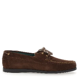 Brown Loafers with Rounded Toe and Strap in Suede for Men