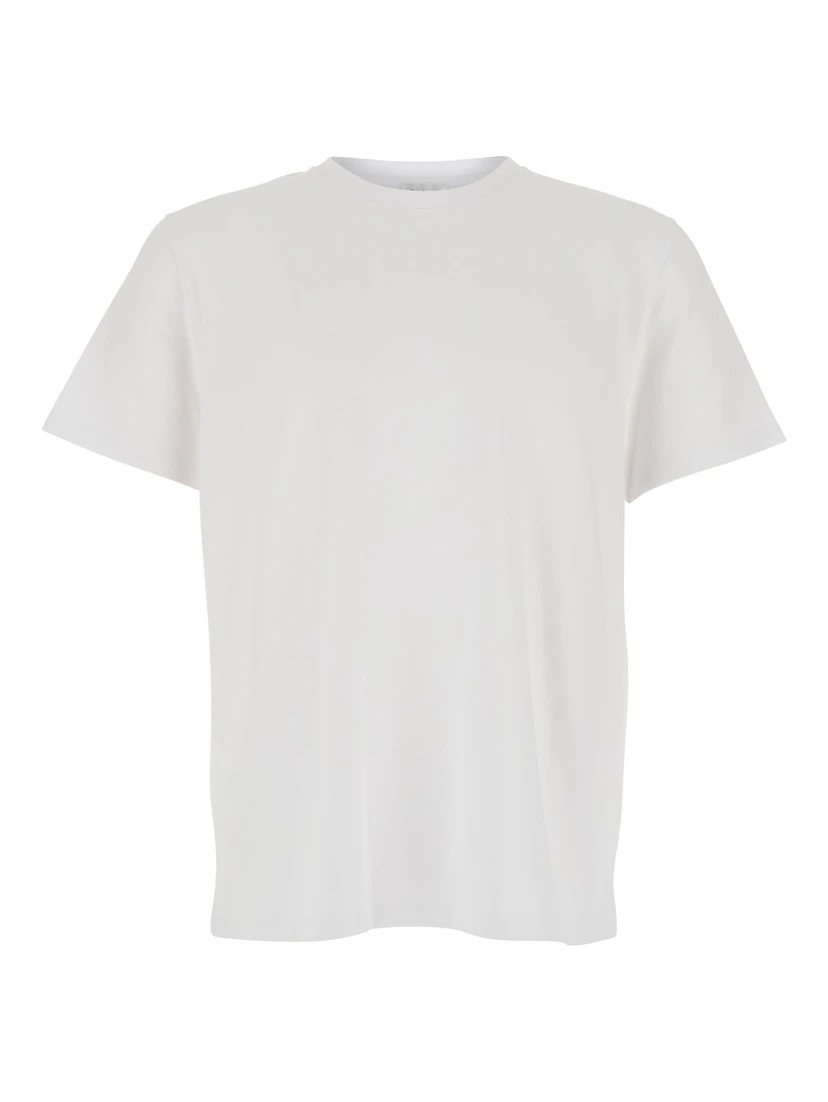 White Crew Neck T-Shirt with Embroidered Logo on the Back in Cotton for Men