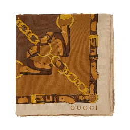 Brown Square Scarf with Chain Print and Logo Lettering in Silk for Women