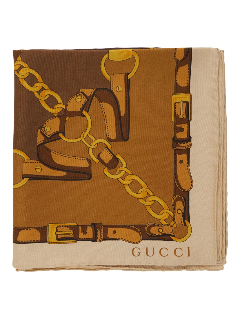 Brown Square Scarf with Chain Print and Logo Lettering in Silk for Women