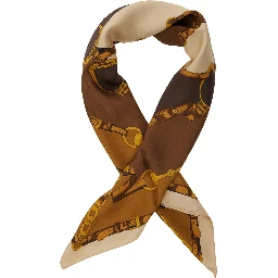 Brown Square Scarf with Chain Print and Logo Lettering in Silk for Women