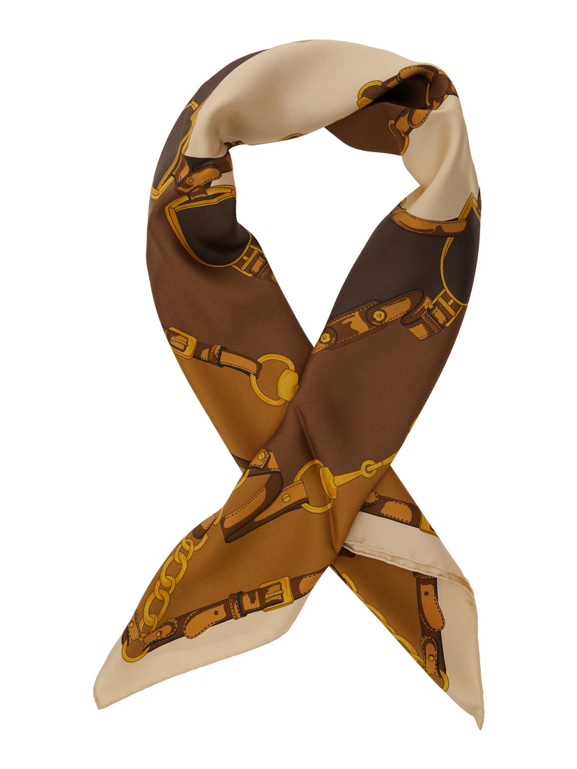 Brown Square Scarf with Chain Print and Logo Lettering in Silk for Women