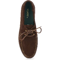 Brown Loafers with Rounded Toe and Strap in Suede for Men