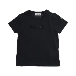 Black Cotton Crew Neck T-Shirt with Front Lettering Logo and Sleeve Logo Patch for Girls