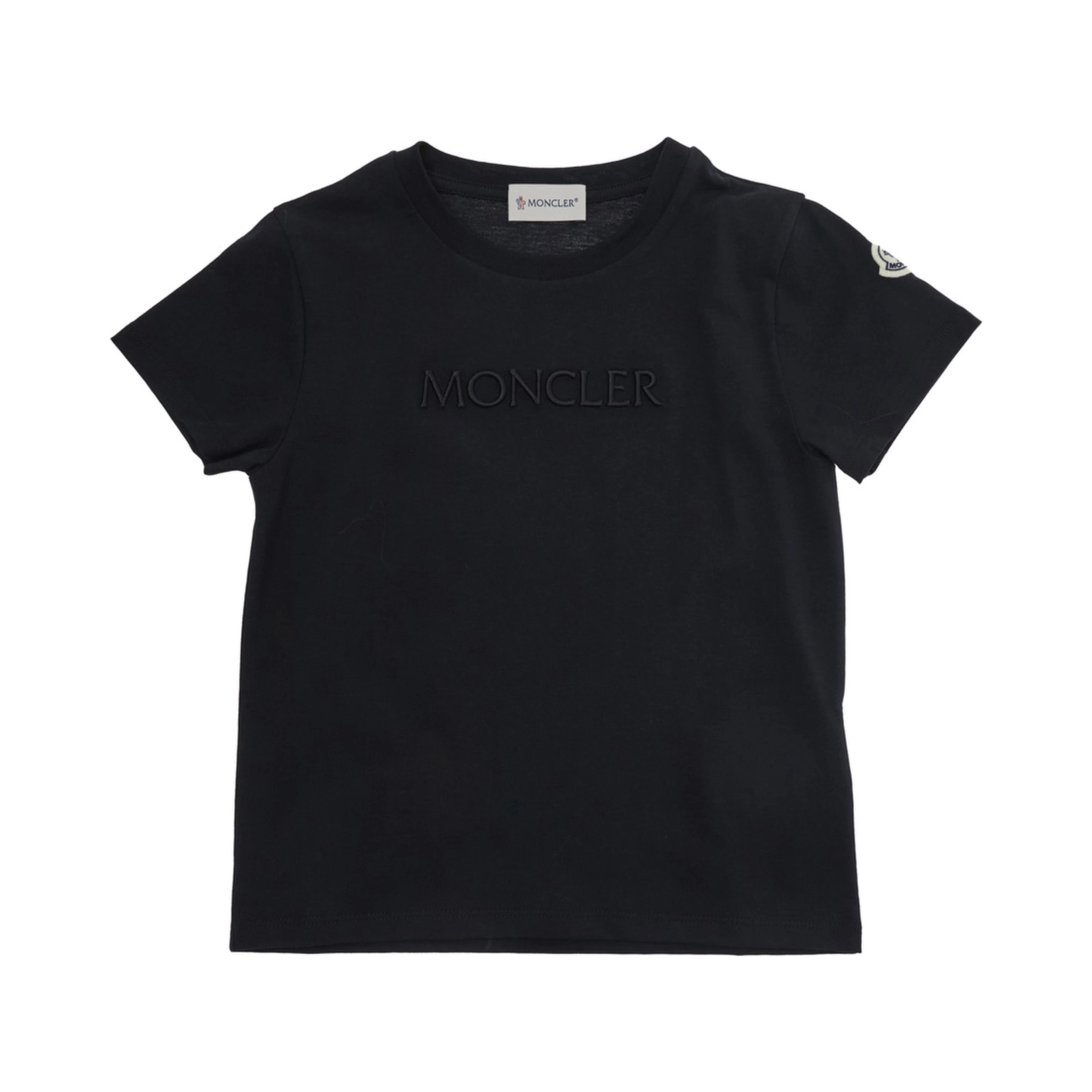 Black Cotton Crew Neck T-Shirt with Front Lettering Logo and Sleeve Logo Patch for Girls