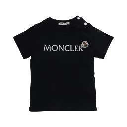 Crew Neck T-Shirt with Logo Lettering Print on the Front and Logo Patch on the Front in Baby Blue Stretch Cotton