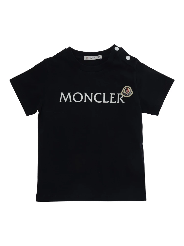 Crew Neck T-Shirt with Logo Lettering Print on the Front and Logo Patch on the Front in Baby Blue Stretch Cotton
