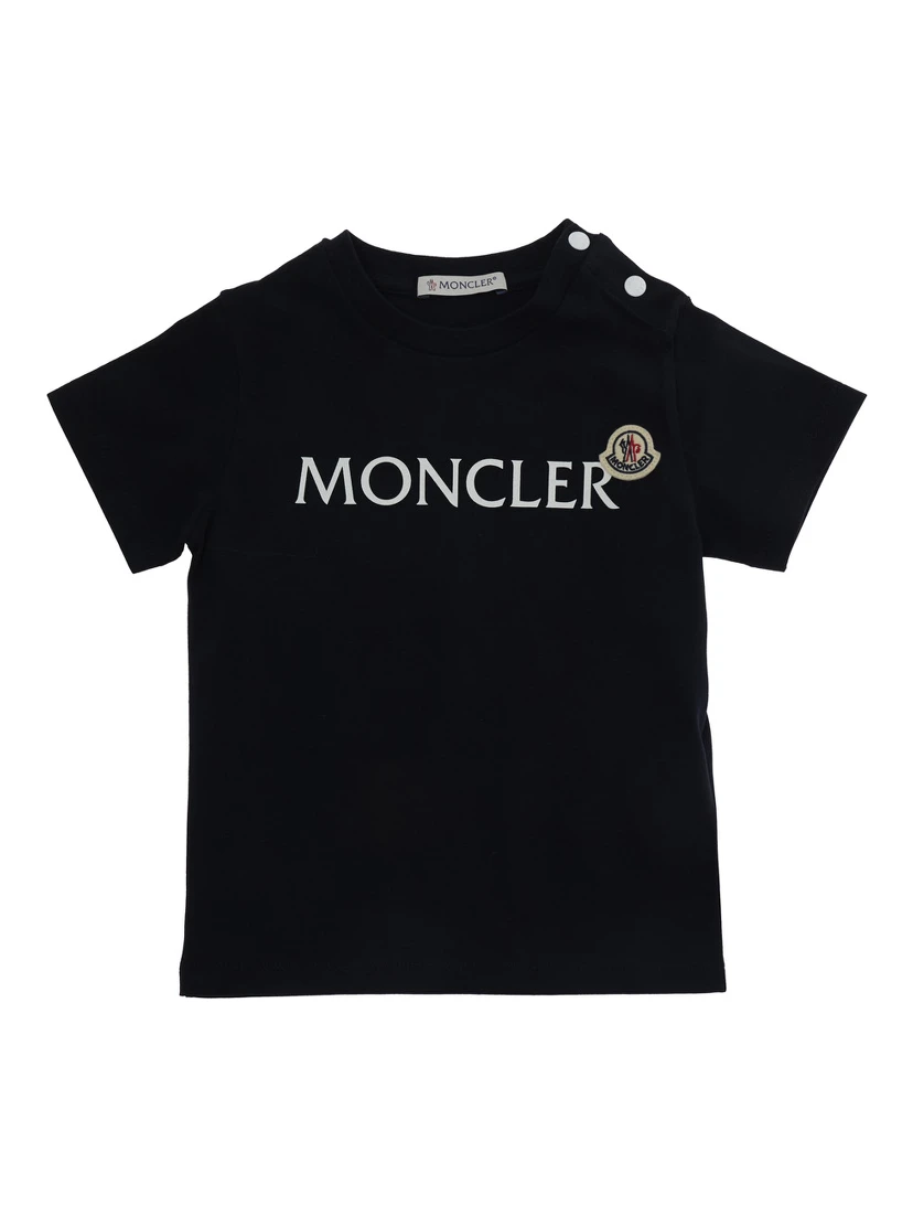 Crew Neck T-Shirt with Logo Lettering Print on the Front and Logo Patch on the Front in Baby Blue Stretch Cotton