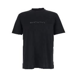 Black Cotton Crew Neck T-Shirt with Logo Embroidery for Men
