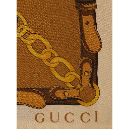 Brown Square Scarf with Chain Print and Logo Lettering in Silk for Women
