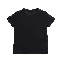 Black Cotton Crew Neck T-Shirt with Front Lettering Logo and Sleeve Logo Patch for Girls
