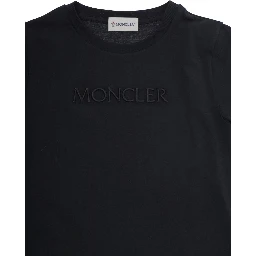 Black Cotton Crew Neck T-Shirt with Front Lettering Logo and Sleeve Logo Patch for Girls