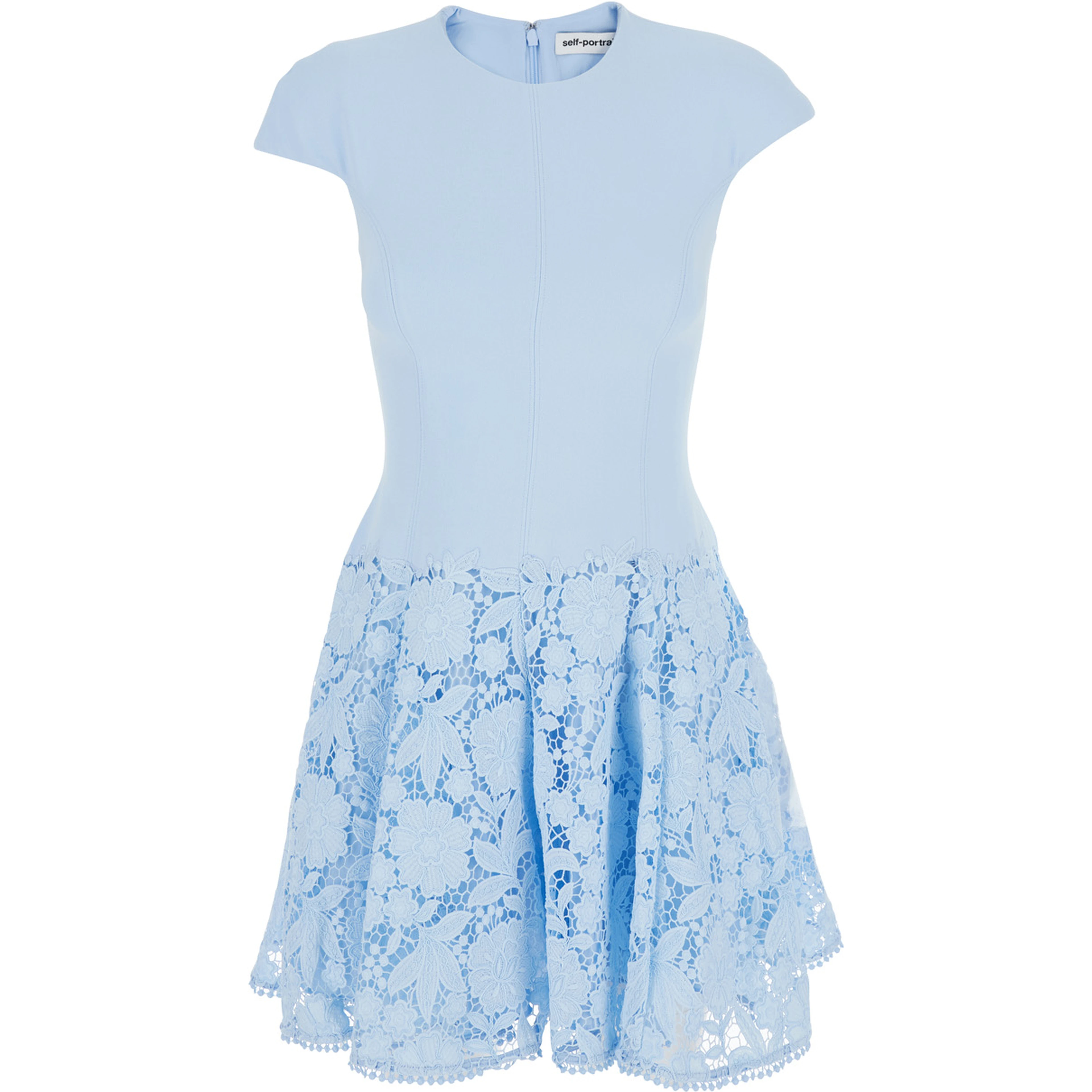 Light blue mini dress with lace embroidery on the skirt in tech fabric for women