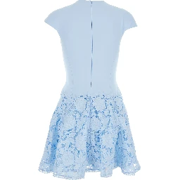 Light blue mini dress with lace embroidery on the skirt in tech fabric for women