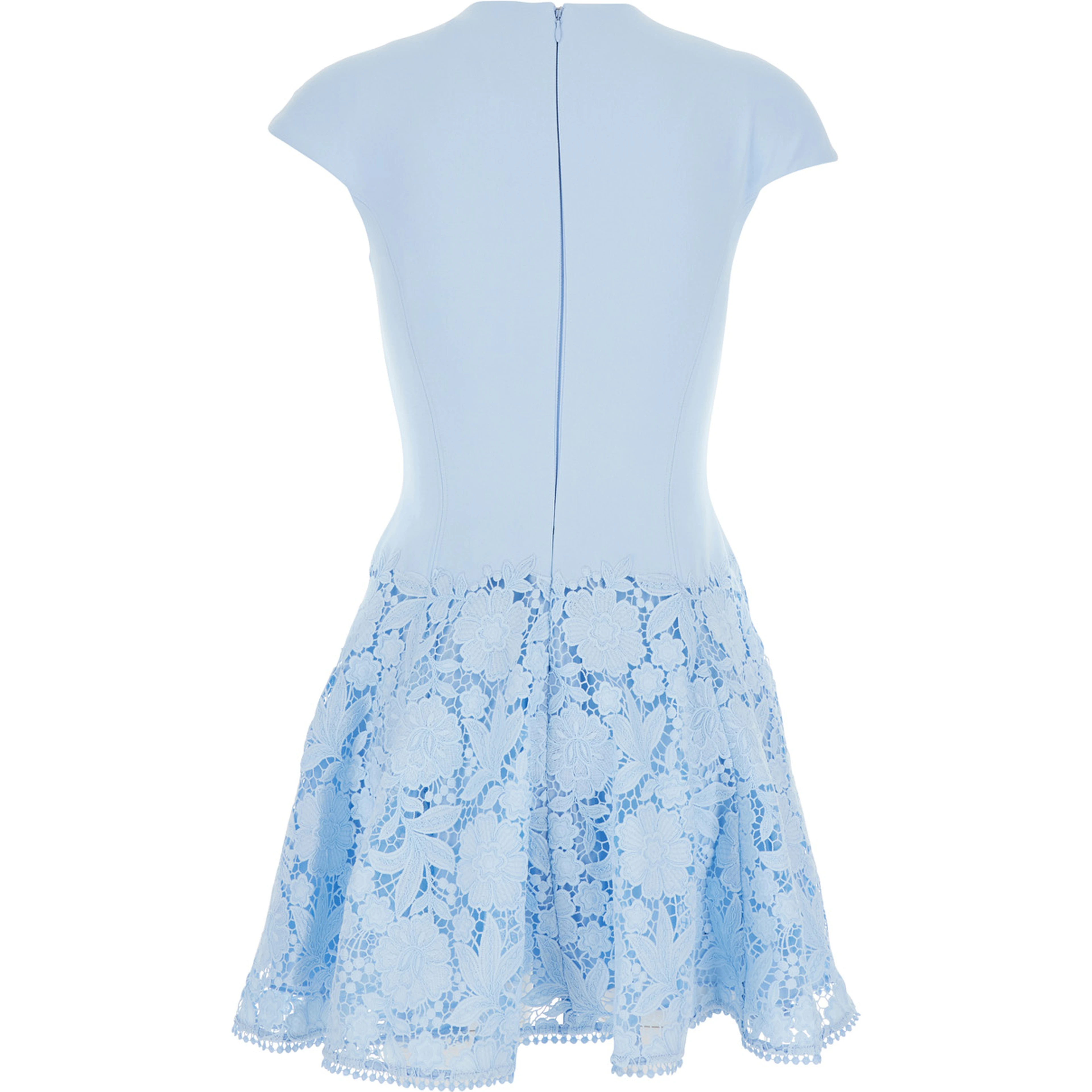 Light blue mini dress with lace embroidery on the skirt in tech fabric for women