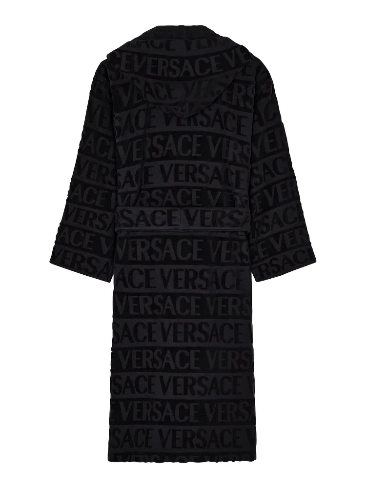 black Bathrobe with all-over printed logo in cotton home